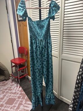 Teal Floral Smocked Jumpsuit